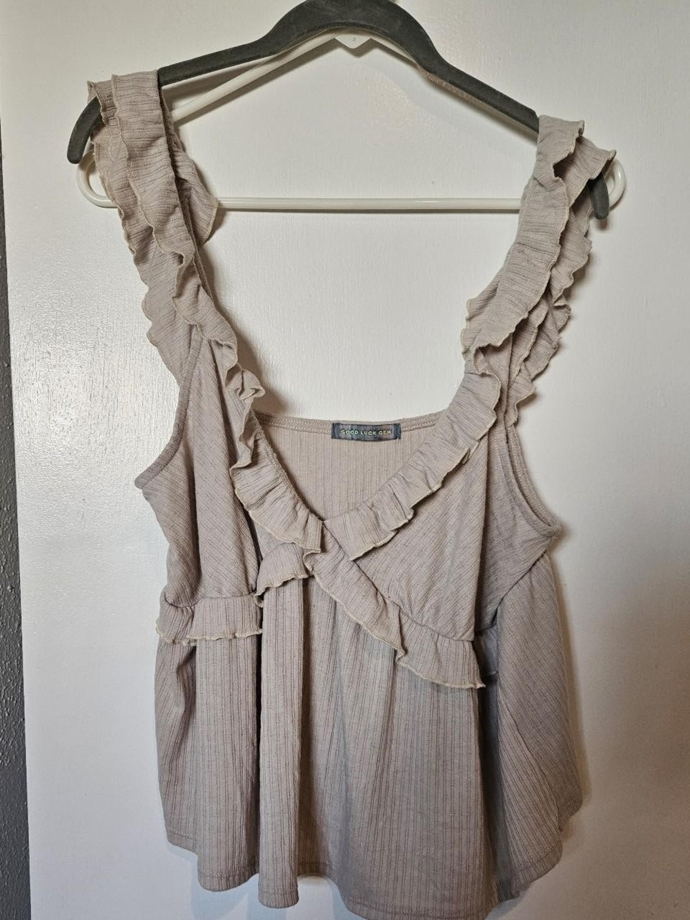 Good Luck Gem Ruffle Strap Flowy Plunge Top